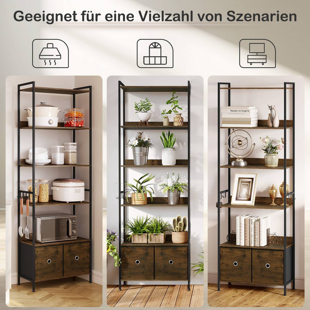 24goodz Standing Bookshelf with 5 Shelves and 2 Drawers - Spacious Storage Solution - E1-Class Wood and Metal Frame - For Home Organization - Rustic Brown + Black