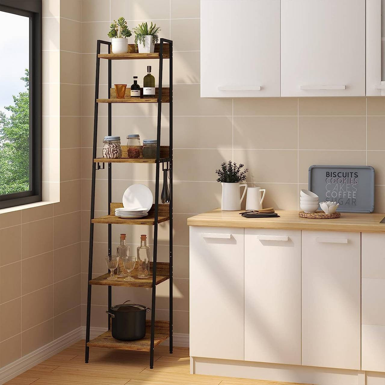 24goodz Standing Shelf with 6 Levels - Stylish and Practical - MDF + Metal - Black + Dark Oak - 41 x 187 x 36 cm - hov