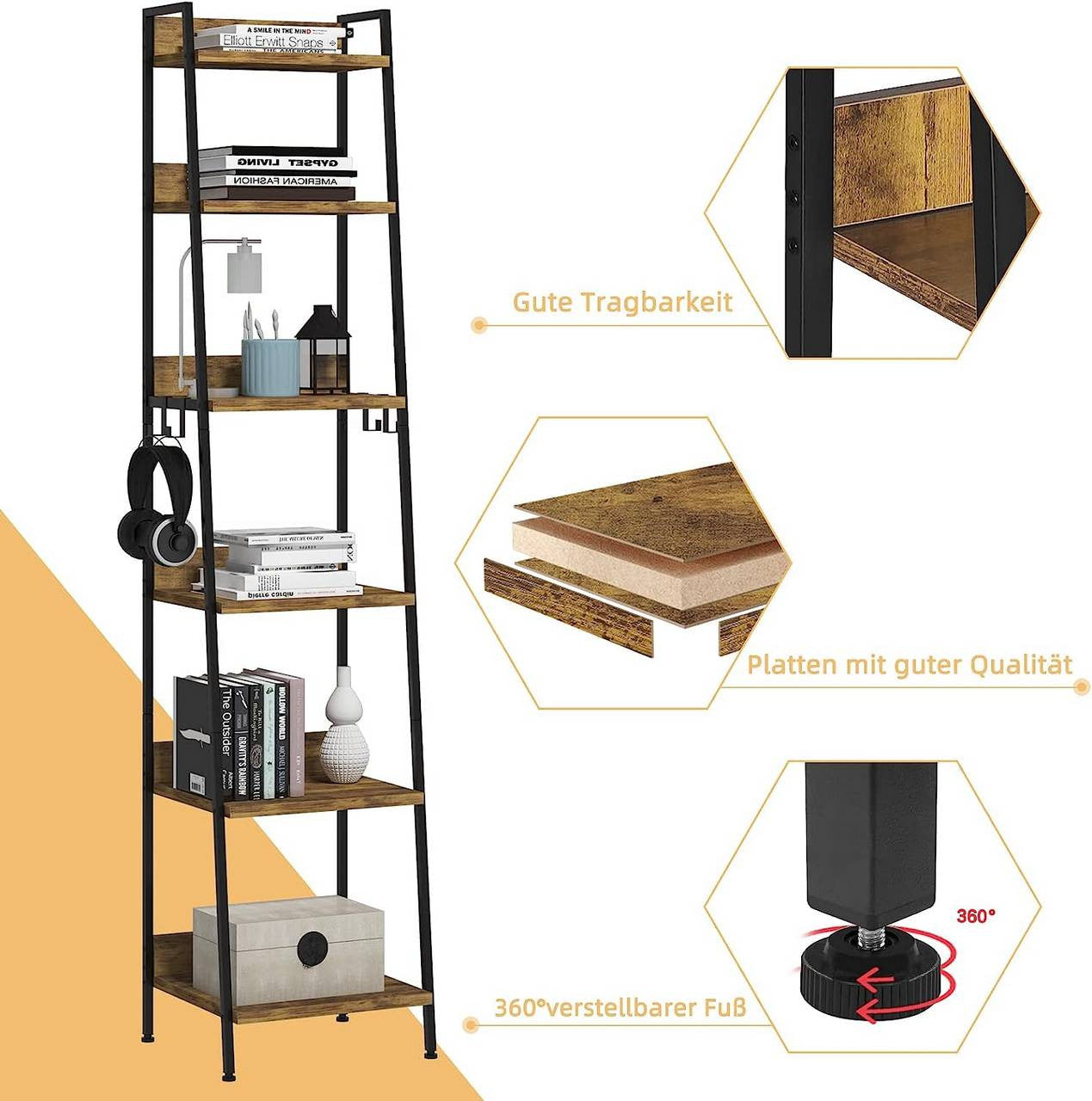 24goodz Standing Shelf with 6 Levels - Stylish and Practical - MDF + Metal - Black + Dark Oak - 41 x 187 x 36 cm - hov