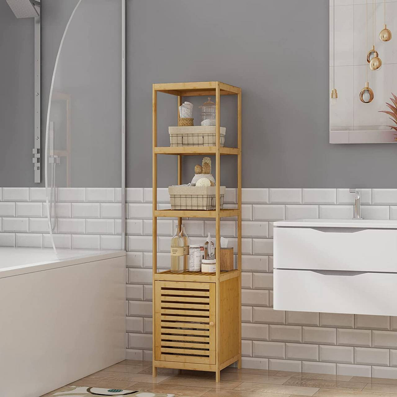24goodz Standing Shelf Unit - Eco-Friendly Bamboo Design - Quick Assembly - Natural Bamboo - For Home & Office - 36 x 33 x 140 cm