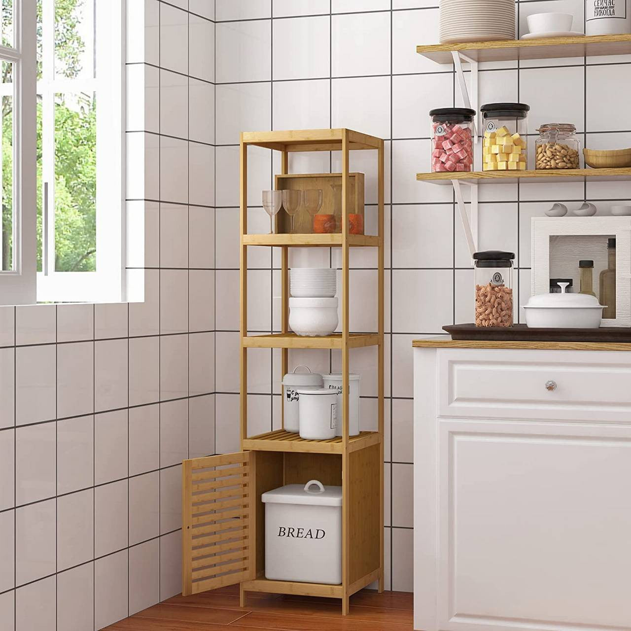 24goodz Standing Shelf Unit - Eco-Friendly Bamboo Design - Quick Assembly - Natural Bamboo - For Home & Office - 36 x 33 x 140 cm
