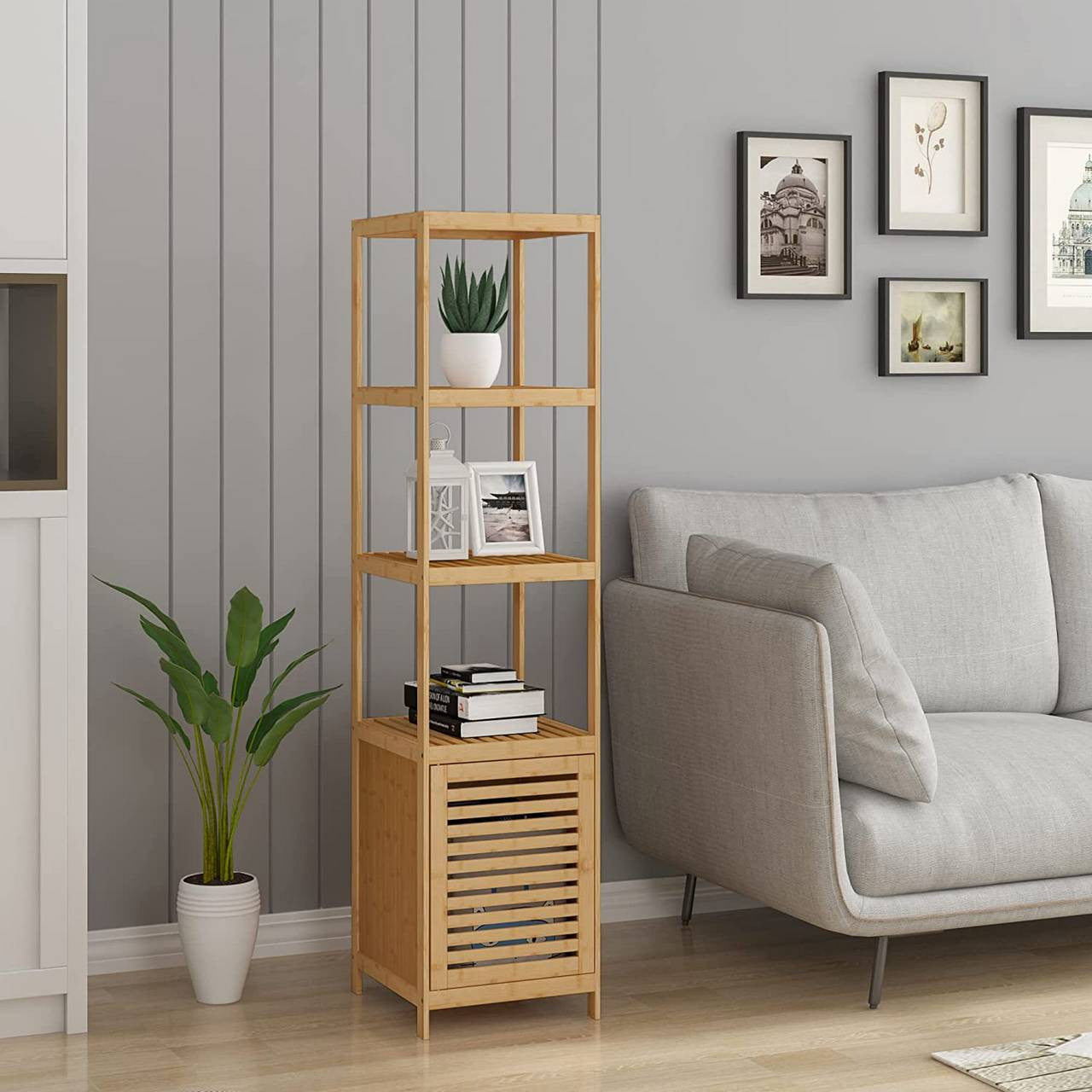 24goodz Standing Shelf Unit - Eco-Friendly Bamboo Design - Quick Assembly - Natural Bamboo - For Home & Office - 36 x 33 x 140 cm