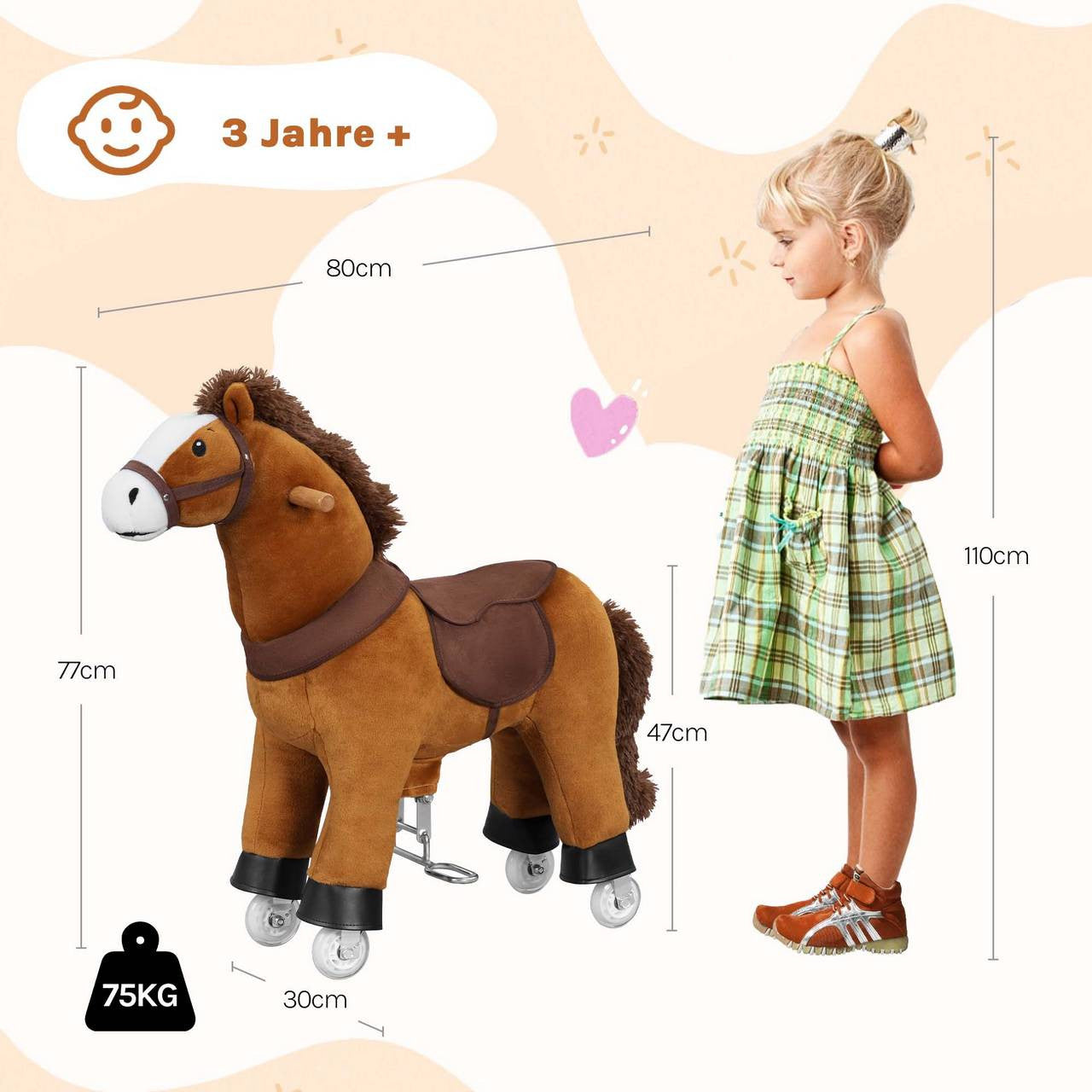 24goodz Plush Rocking Horse on Wheels - Innovative Drive System - Safe and Durable - Wood and Metal - For Children from 3 years - Brown + White + Black