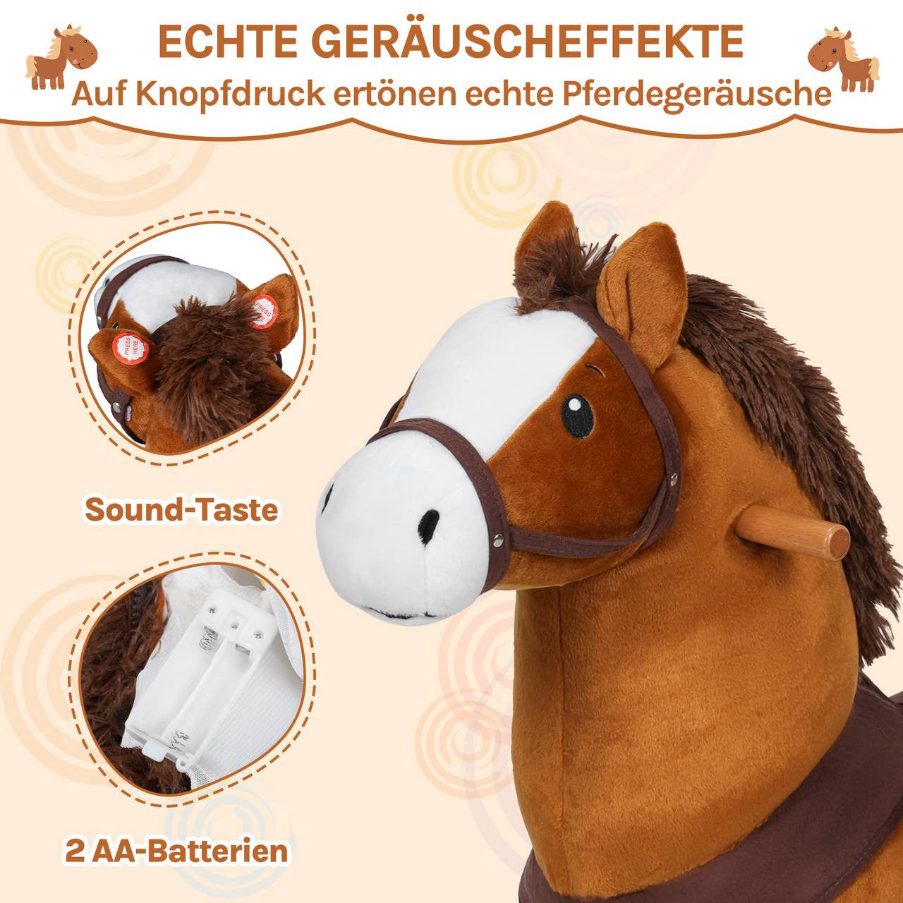 24goodz Plush Rocking Horse on Wheels - Innovative Drive System - Safe and Durable - Wood and Metal - For Children from 3 years - Brown + White + Black