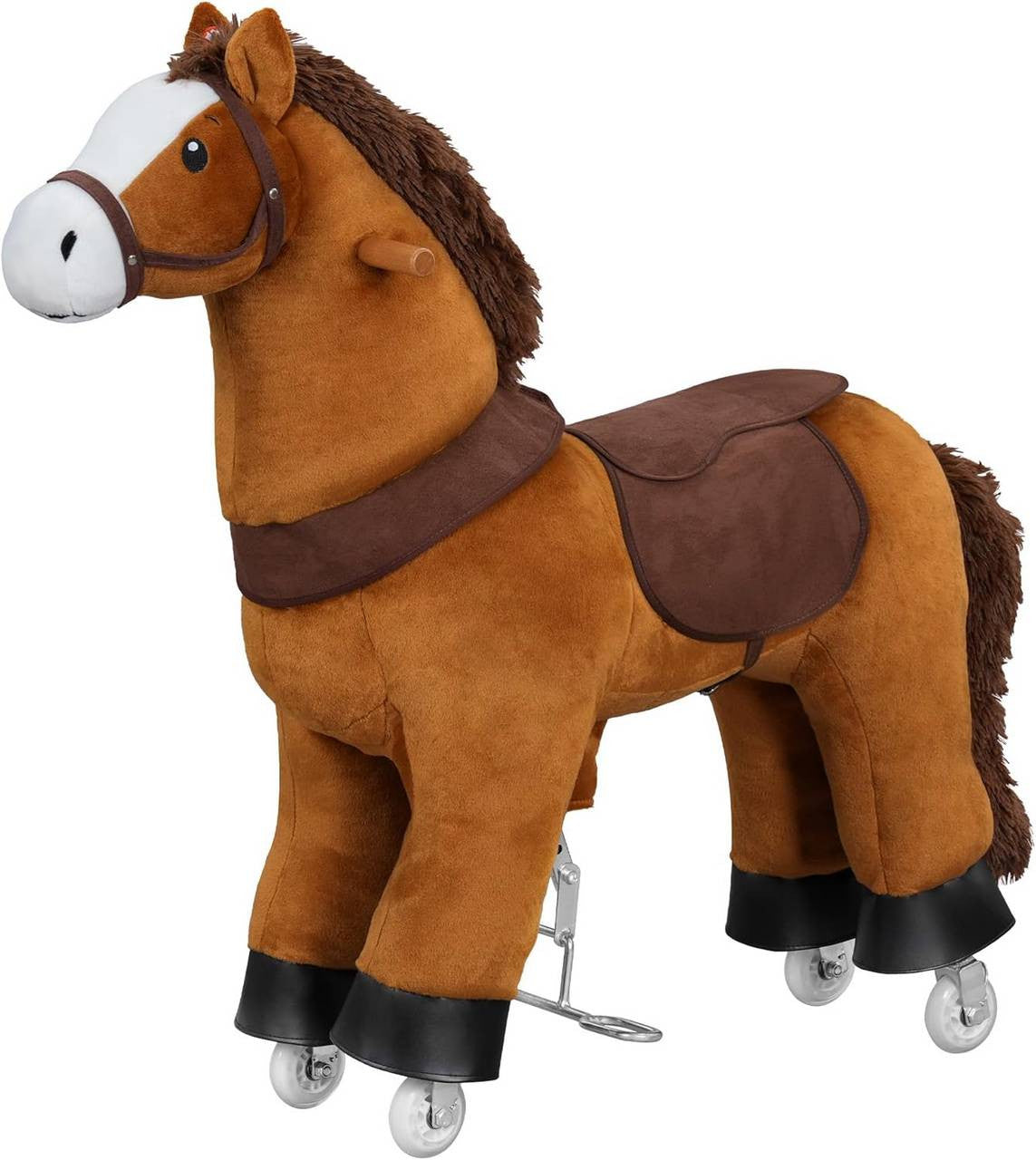 24goodz Plush Rocking Horse on Wheels - Innovative Drive System - Safe for Indoor and Outdoor Use - Plush and Metal - For Children from 4 years - Brown + White + Black