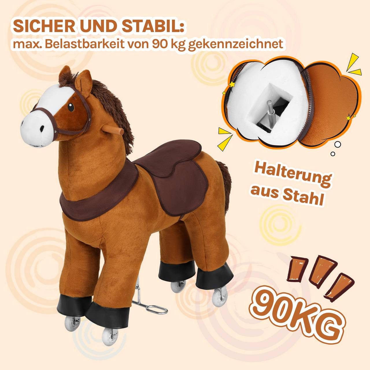 24goodz Plush Rocking Horse on Wheels - Innovative Drive System - Safe for Indoor and Outdoor Use - Plush and Metal - For Children from 4 years - Brown + White + Black