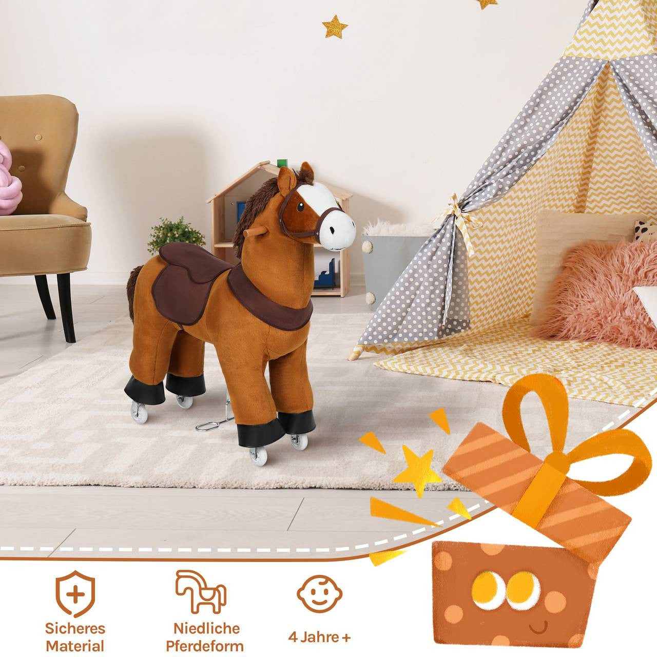 24goodz Plush Rocking Horse on Wheels - Innovative Drive System - Safe for Indoor and Outdoor Use - Plush and Metal - For Children from 4 years - Brown + White + Black