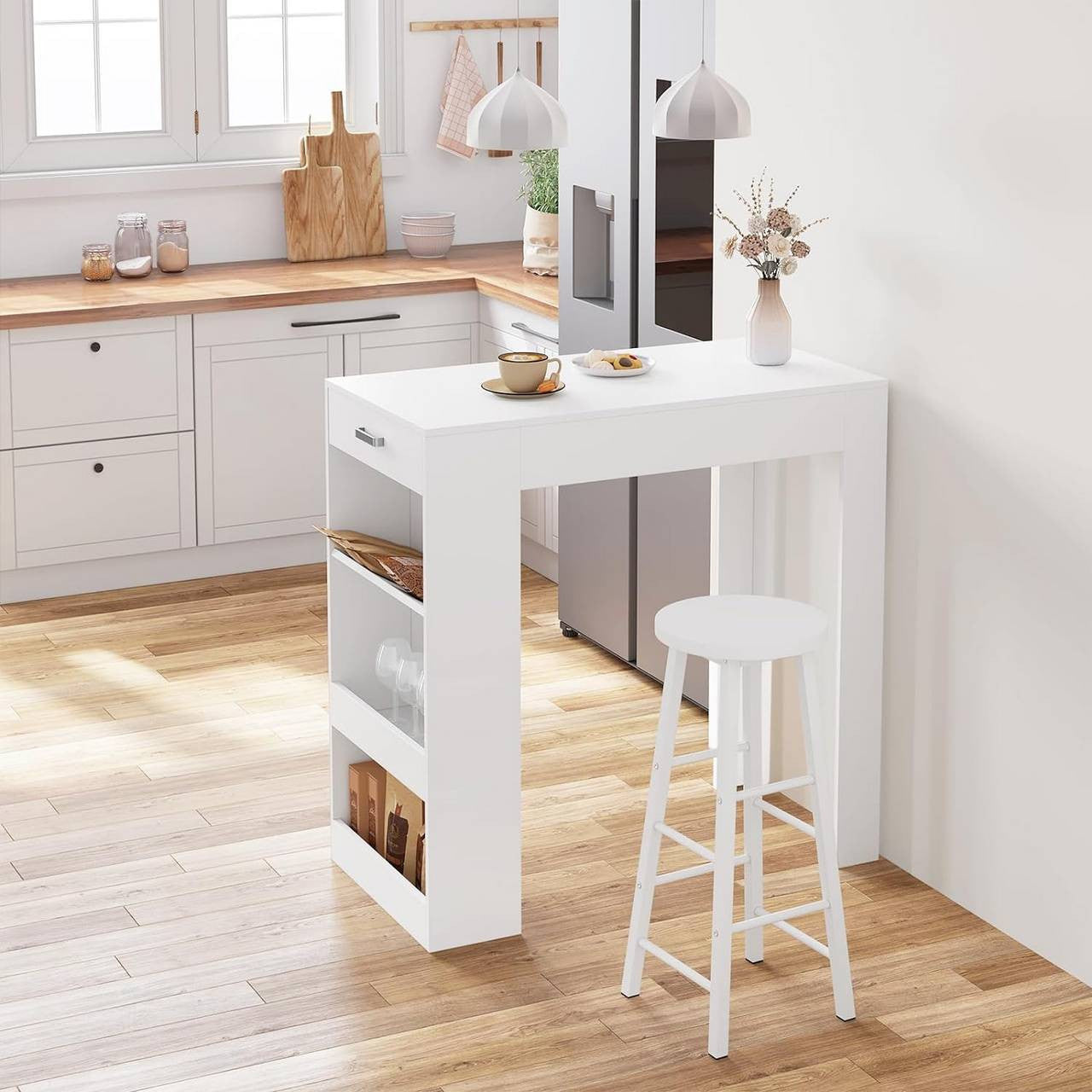 24goodz Multifunctional Bar Table - Spacious Design - Durable Wood - For Home Use - White + Wood Look