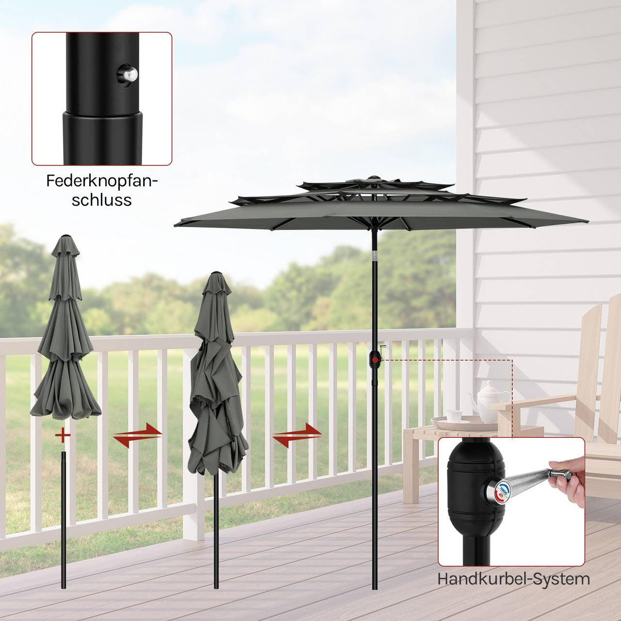 24goodz Parasol Ø292 cm - UV Protection - Easy to Use - 180g Polyester - For Gardens and Patios - Dark Grey