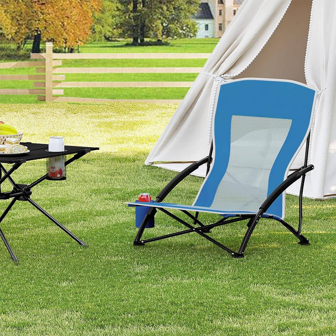24goodz Folding Beach Chair - Comfortable Armrests - Lightweight and Portable - 600D Oxford Fabric - Blue