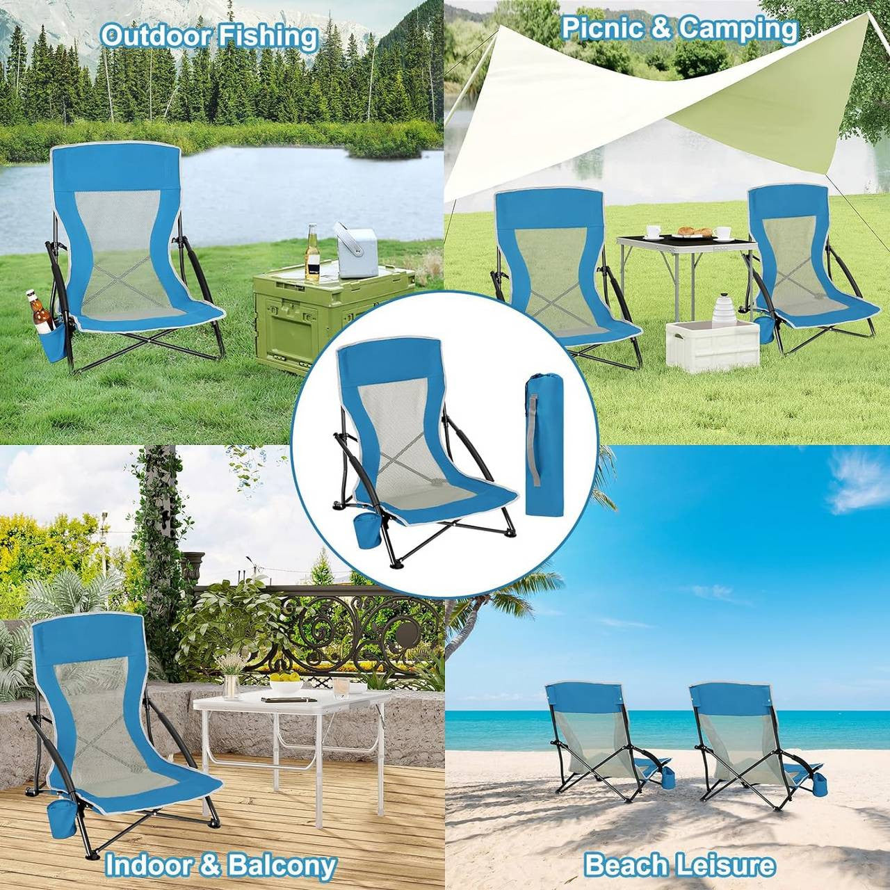 24goodz Folding Beach Chair - Comfortable Armrests - Lightweight and Portable - 600D Oxford Fabric - Blue