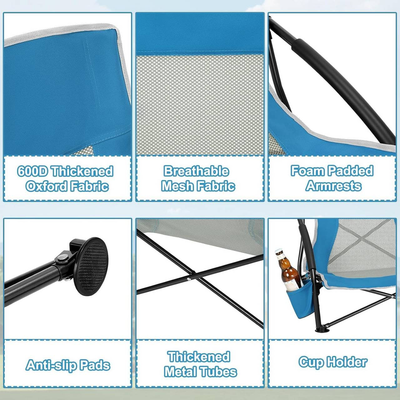 24goodz Folding Beach Chair - Comfortable Armrests - Lightweight and Portable - 600D Oxford Fabric - Blue