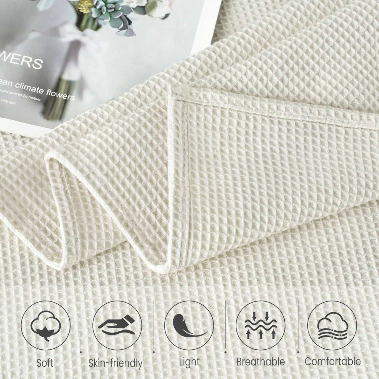 24goodz Waffle Look Throw Blanket - Soft & Lightweight - 100% Cotton - For Home & Living - Cream - 170 x 210 cm