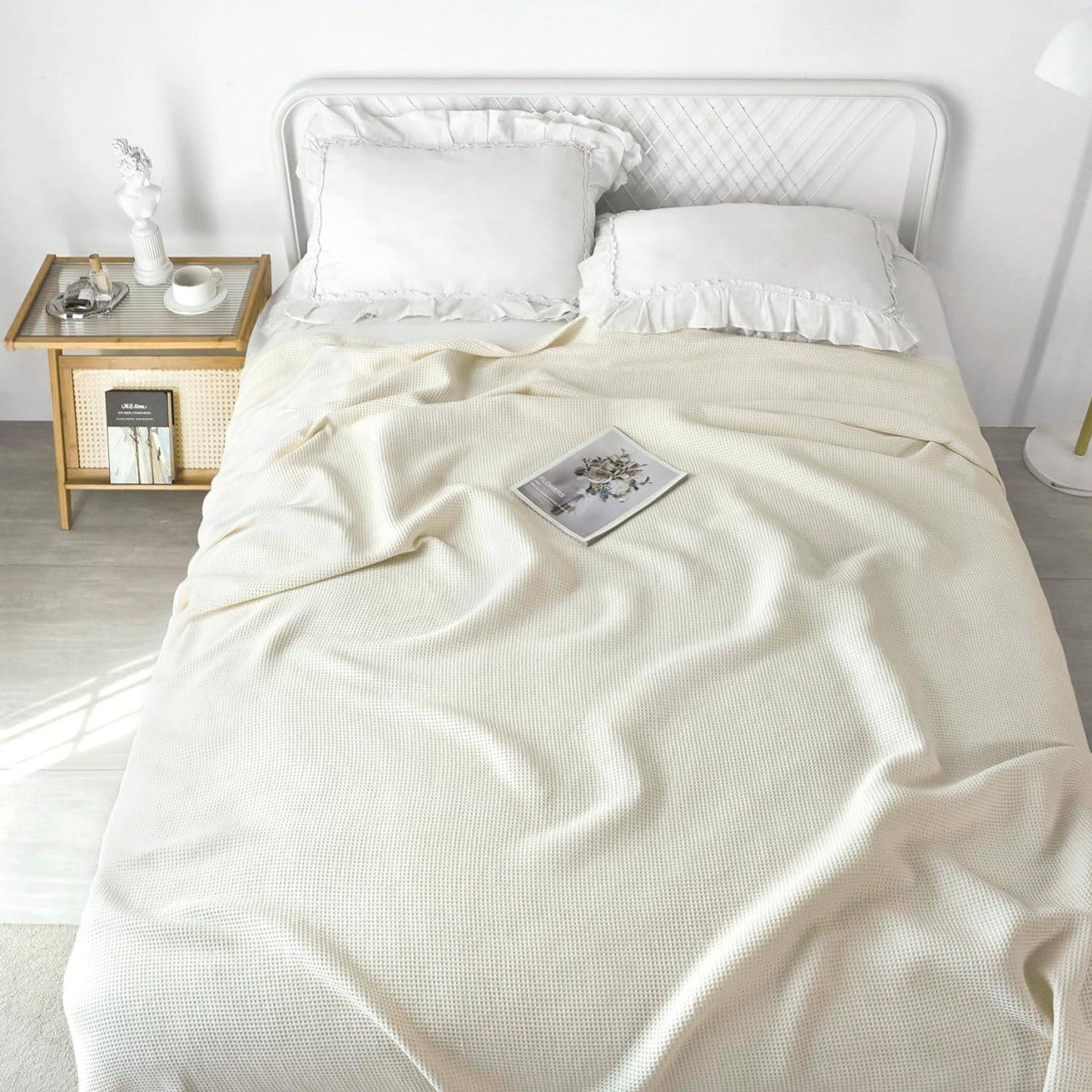 24goodz Waffle Look Throw Blanket - Soft & Lightweight - 100% Cotton - For Home & Living - Cream - 170 x 210 cm