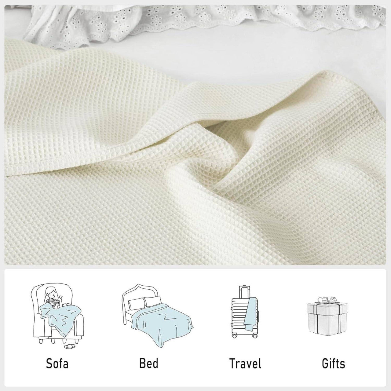 24goodz Waffle Look Throw Blanket - Soft & Lightweight - 100% Cotton - For Home & Living - Cream - 170 x 210 cm