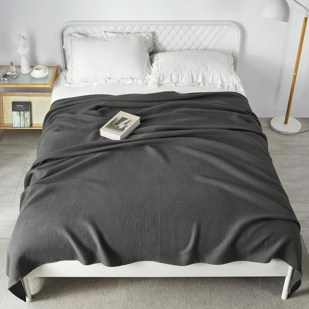 24goodz Waffle Look Throw Blanket - Soft and Breathable - 100% Cotton - For Home Decor - Dark Grey - 150 x 200 cm