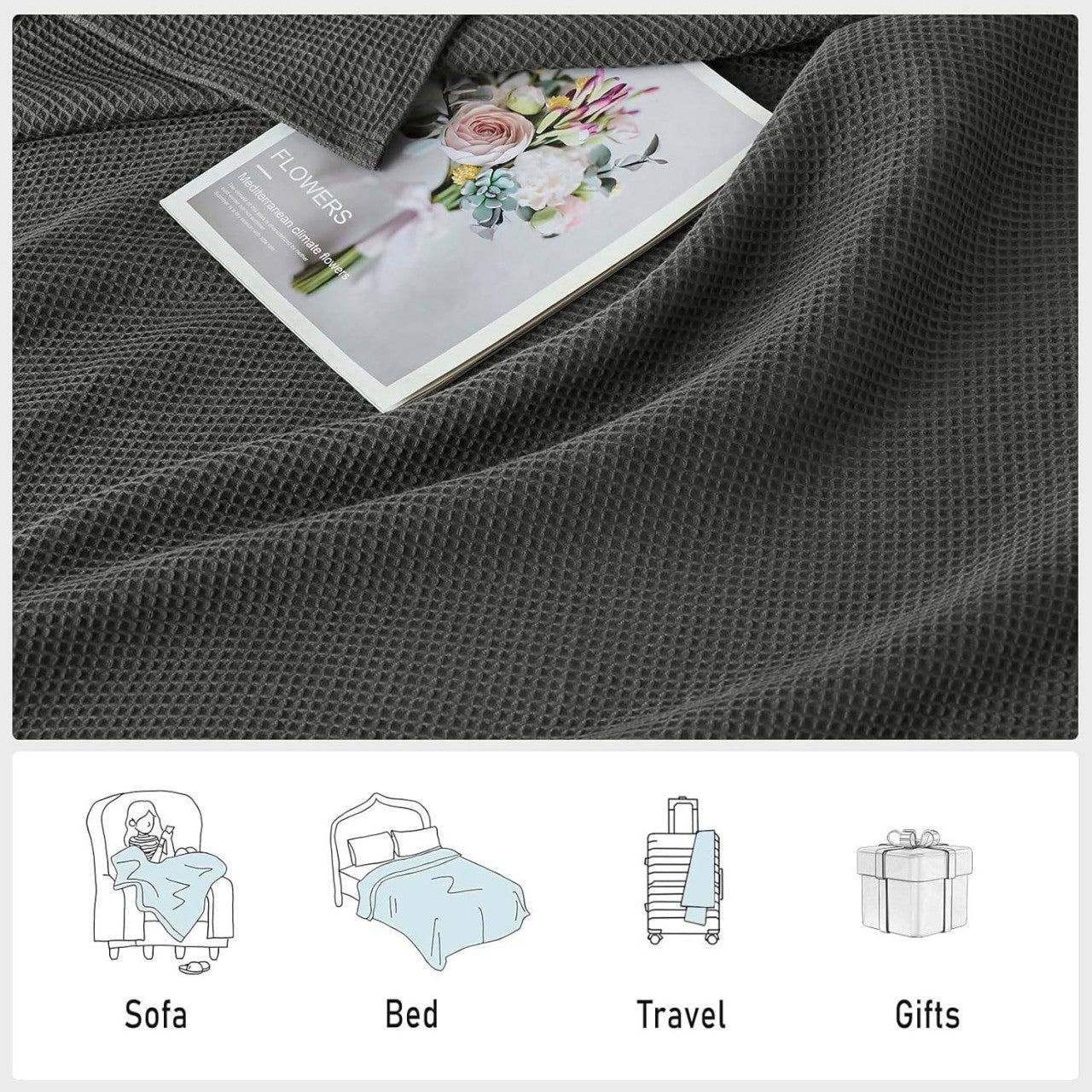 24goodz Waffle Look Throw Blanket - Soft and Breathable - 100% Cotton - For Home Decor - Dark Grey - 150 x 200 cm