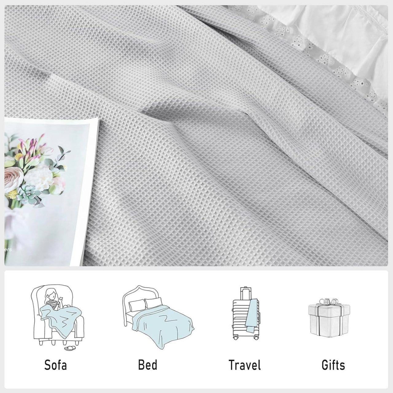 24goodz Waffle Look Bedspread - Soft and Lightweight - 100% Cotton - Grey - 170 x 210 cm