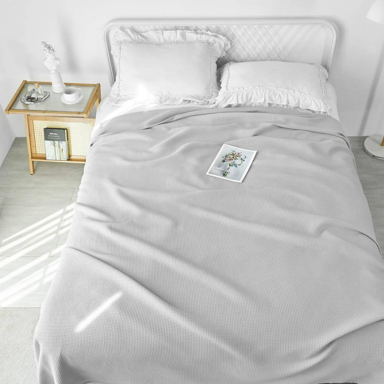 24goodz Waffle Look Bedspread - Soft and Lightweight - 100% Cotton - Grey - 170 x 210 cm