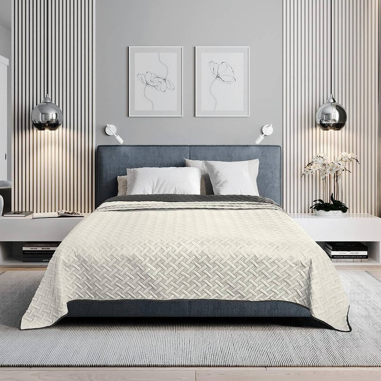 24goodz Geometric Pattern Bedspread - Reversible Design - 100% Microfiber - For All Seasons - Dark Grey/Cream - 170 x 210 cm