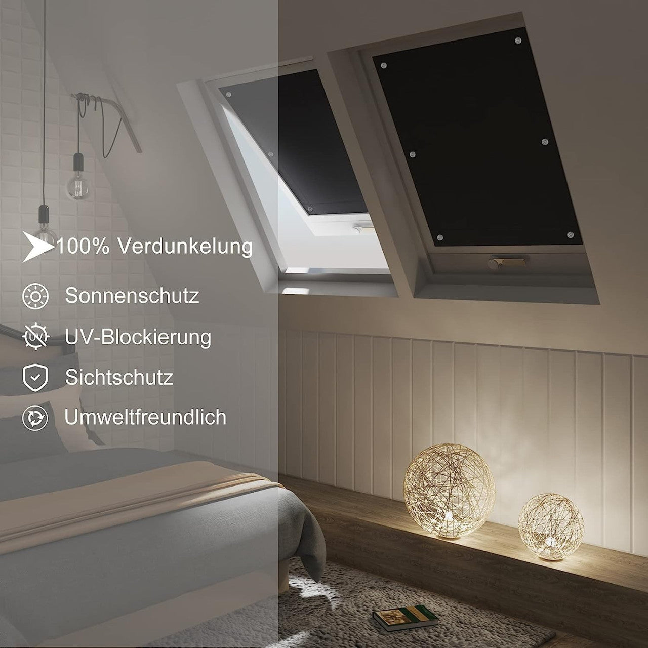 24goodz Black Thermal Skylight Roller Blind - Improved Suction Cups - 100% Light Blocking - Polyester - For Indoor Use - 48x73 cm - sz