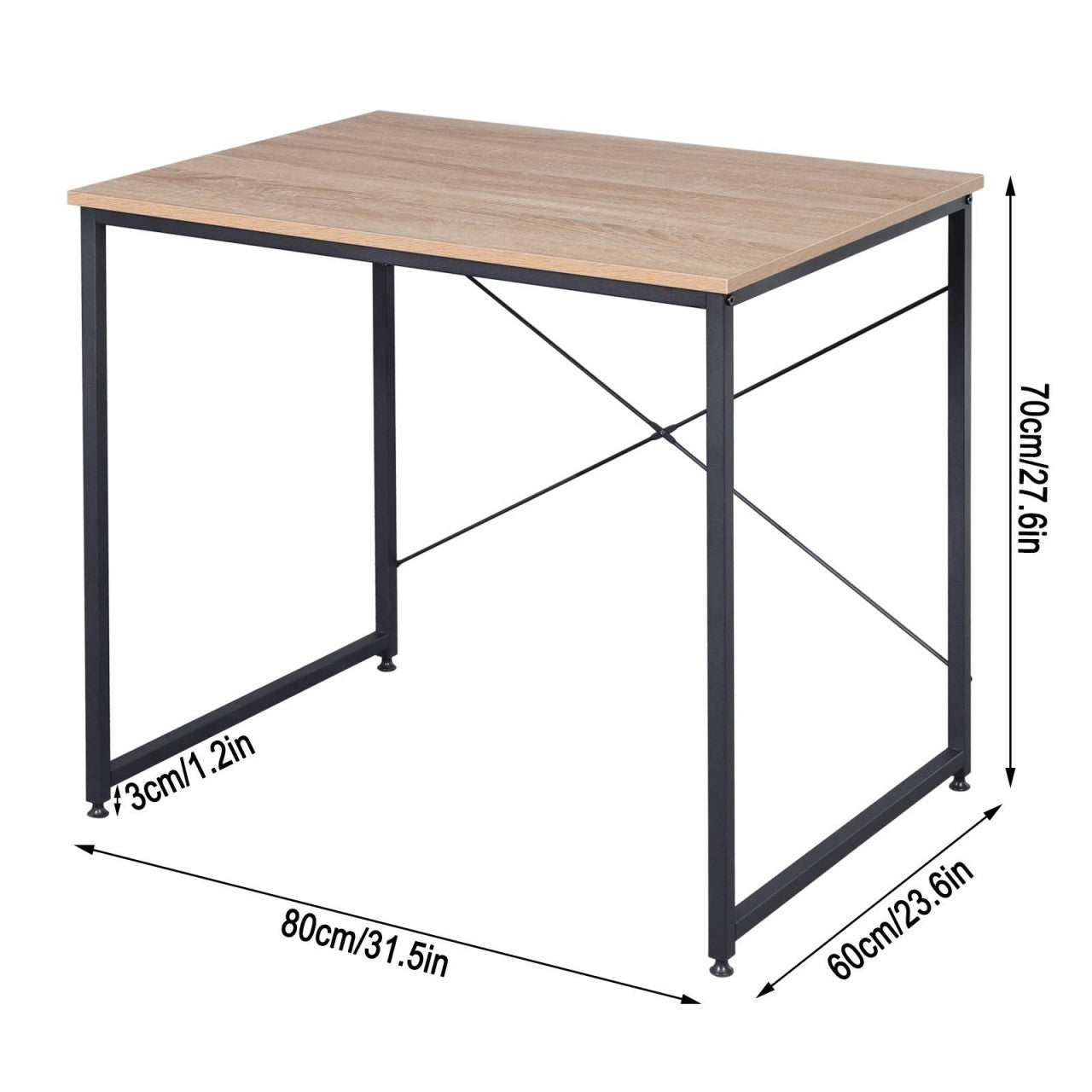 24goodz Compact Office Desk - Durable and Water-Resistant - E1 Wood and Steel - For Home and Office - Light Oak + Black - 60 x 70 x 80 cm - hei