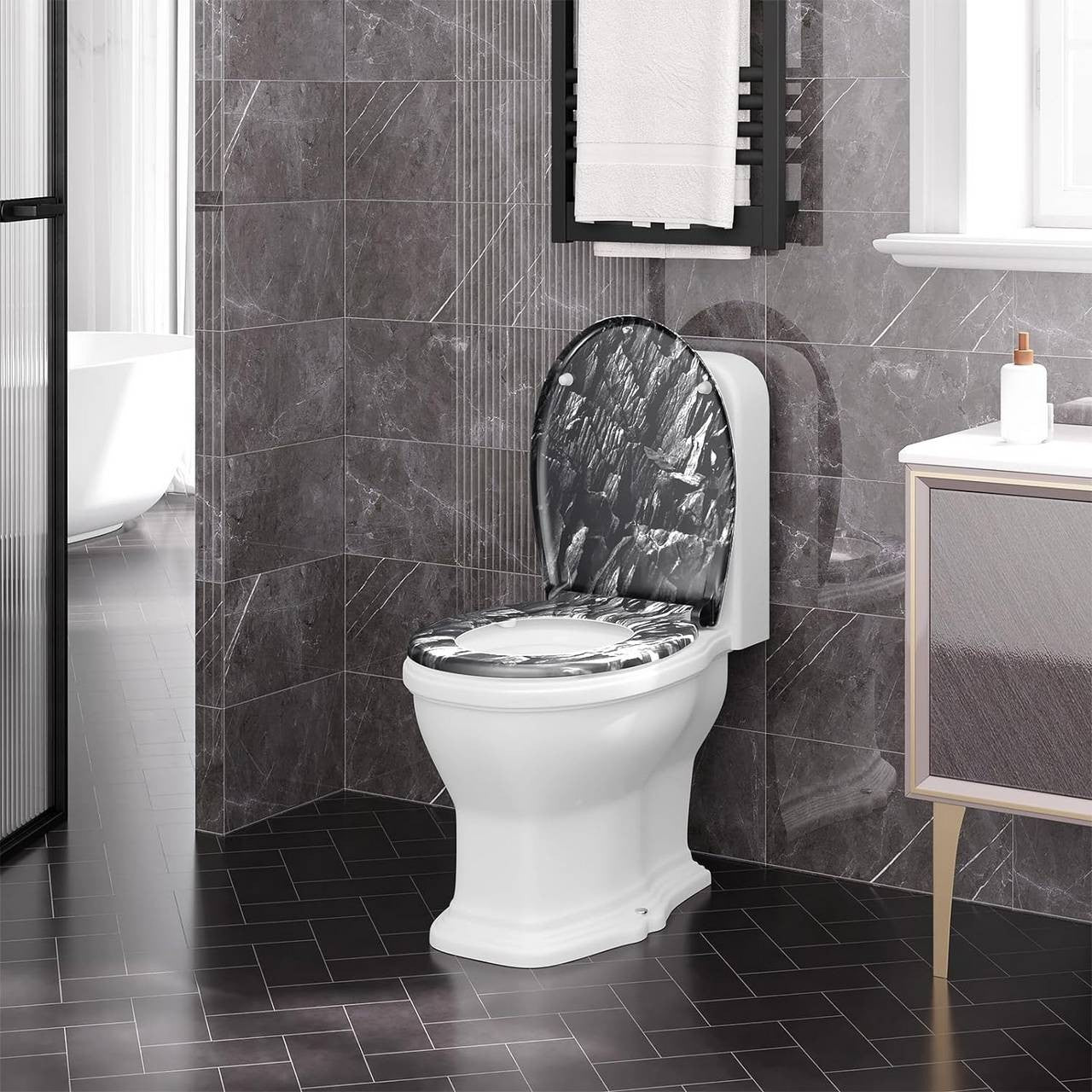 24goodz Soft Close Toilet Seat - High-Quality Thermoset Material - Quick Release Mechanism - Thermoset + Stainless Steel - O-Shaped - 37 x 47.5 cm
