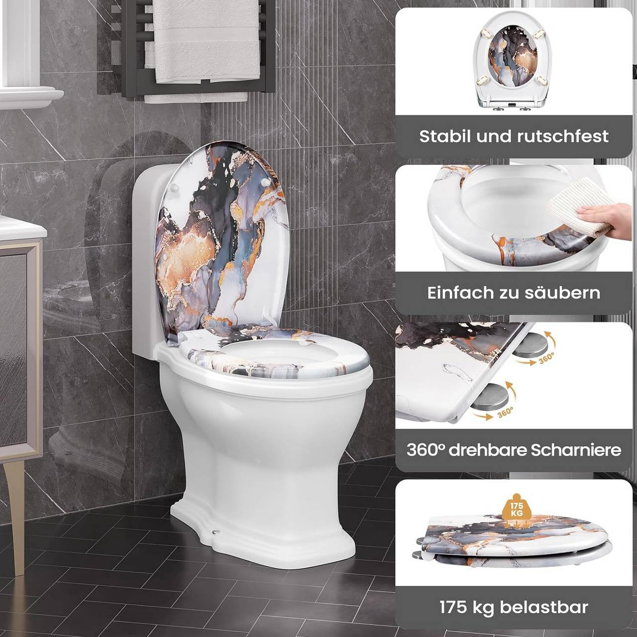 24goodz Toilet Seat - Soft-Close Mechanism - Easy to Clean - Duroplast - For Everyone - Abstract Marble Pattern