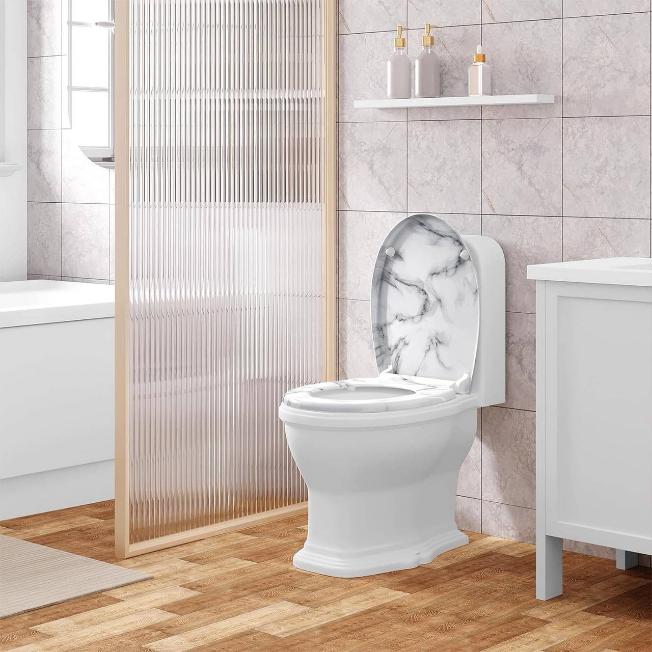 24goodz Toilet Seat - Soft Close Mechanism - Easy to Clean - Thermoset and Stainless Steel - White Marble Pattern