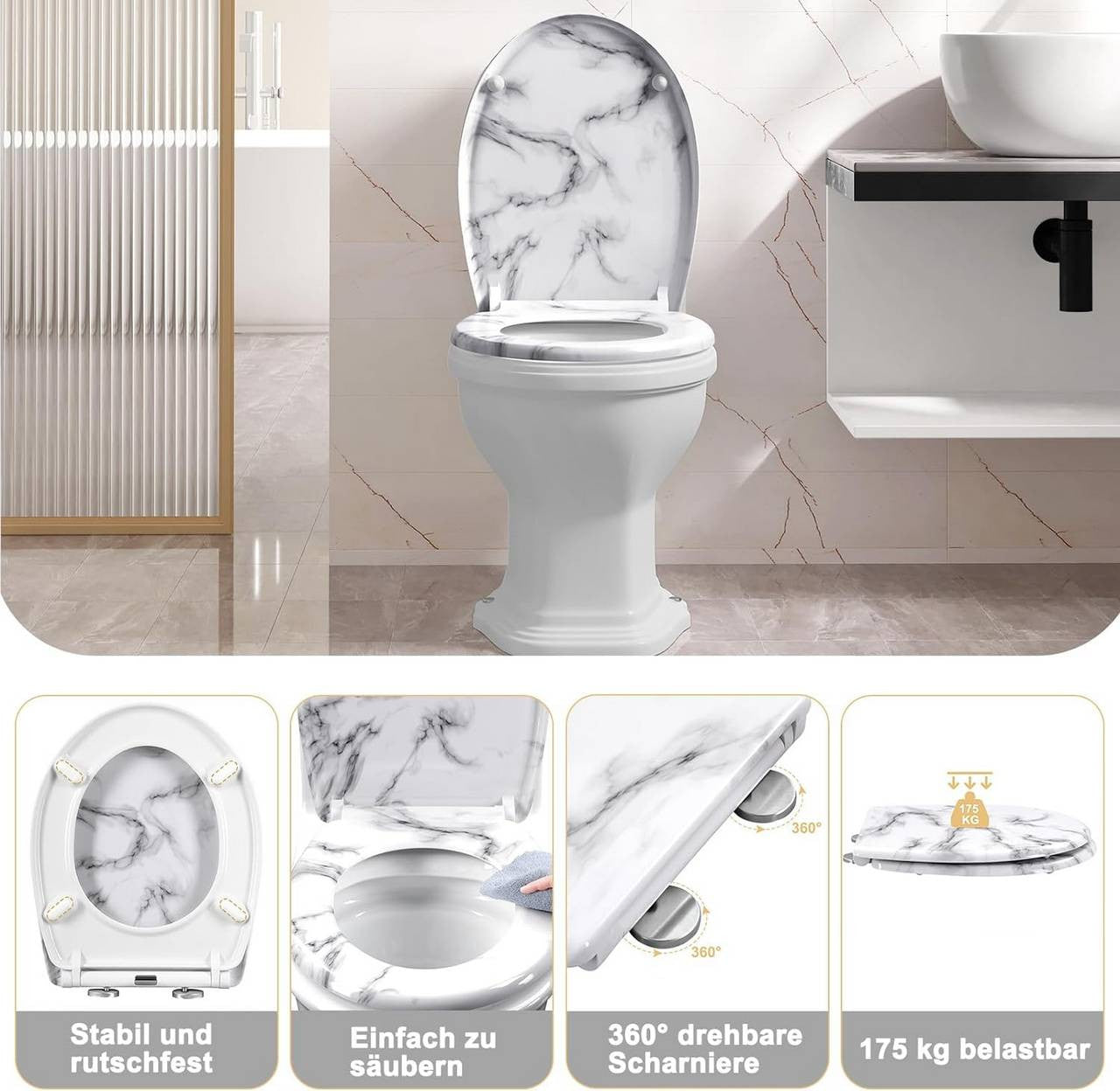 24goodz Toilet Seat - Soft Close Mechanism - Easy to Clean - Thermoset and Stainless Steel - White Marble Pattern