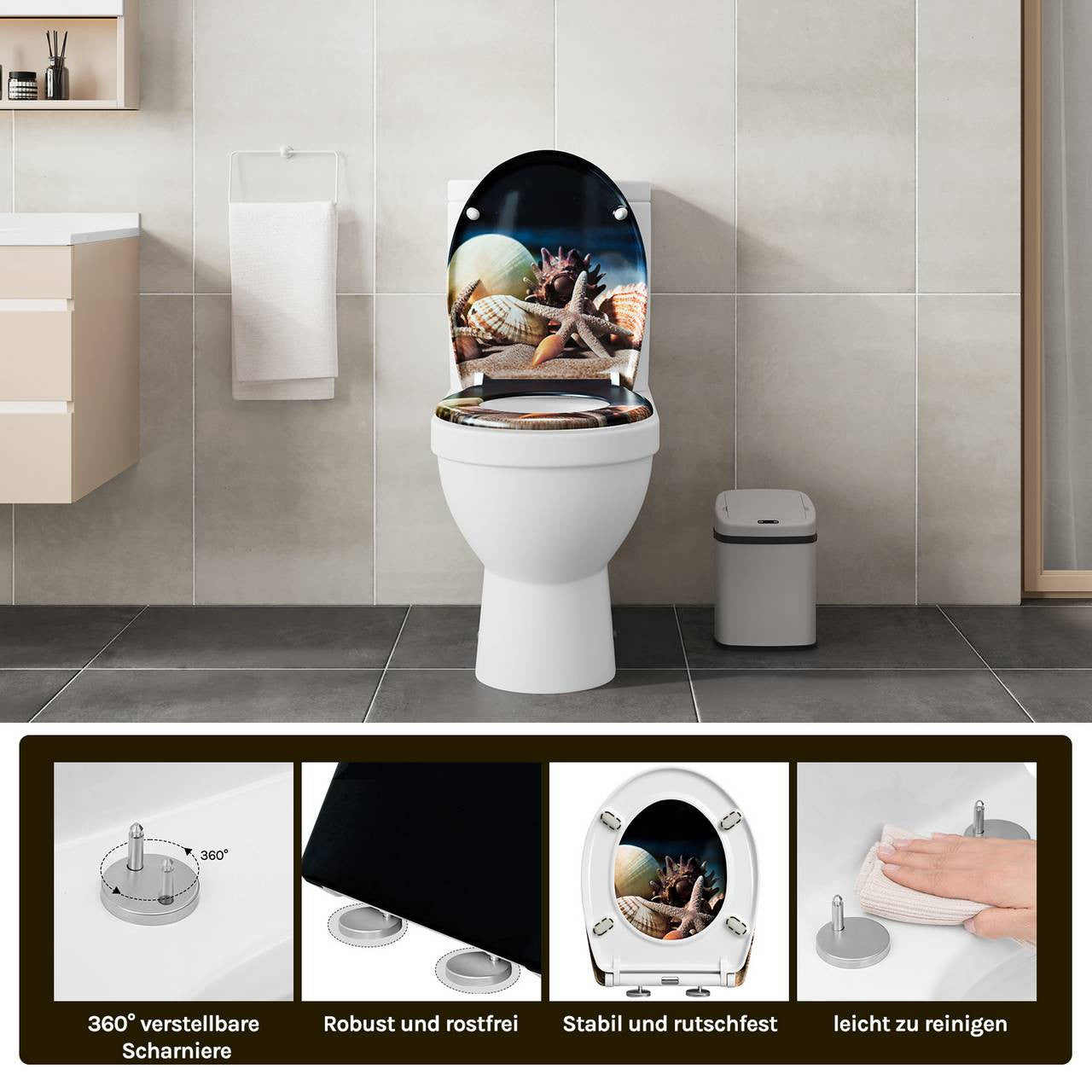 24goodz Soft-Close Toilet Seat - Quiet and Gentle Closure - Duroplast - Suitable for Standard O-Shaped Toilets - Sea Pattern