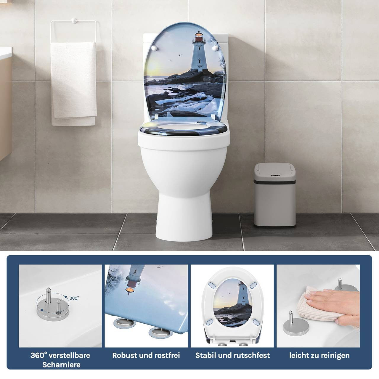 24goodz Toilet Seat with Soft-Close Mechanism - Durable and Easy to Clean - Duroplast - For Everyone - Lighthouse Pattern