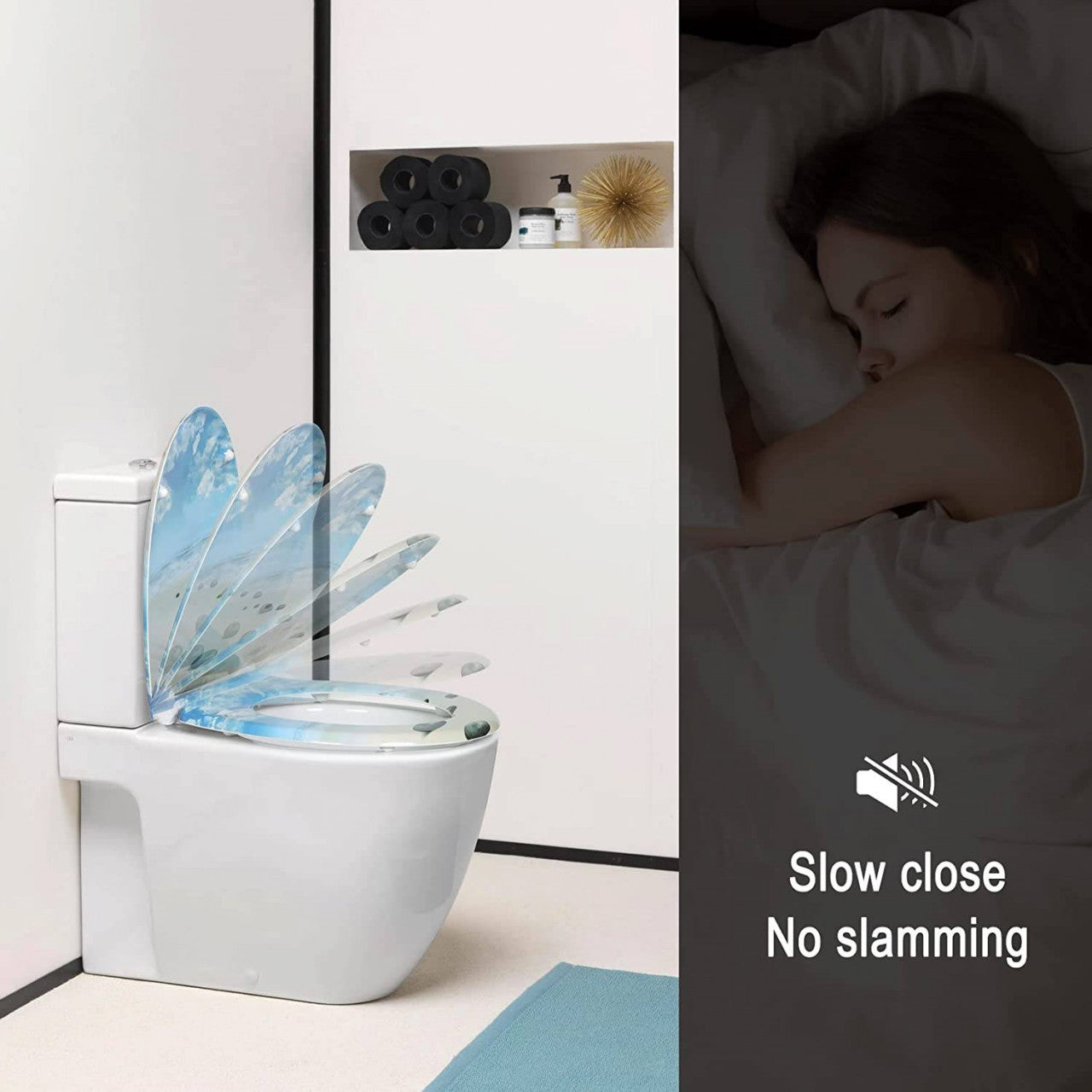 24goodz Toilet Seat - Soft-Close Mechanism - Easy to Clean - Duroplast - Suitable for Standard O-Shaped Toilets - Blue Sky