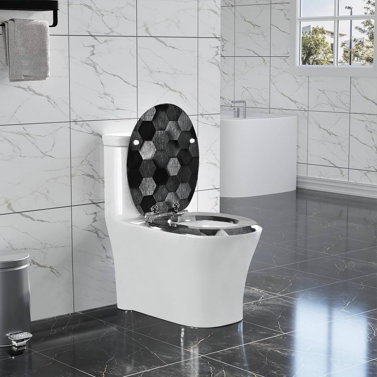 24goodz Soft Close Toilet Seat - Automatic Lowering Mechanism - Sturdy MDF - For Standard O-Shaped Toilets - Grey Honeycomb Pattern