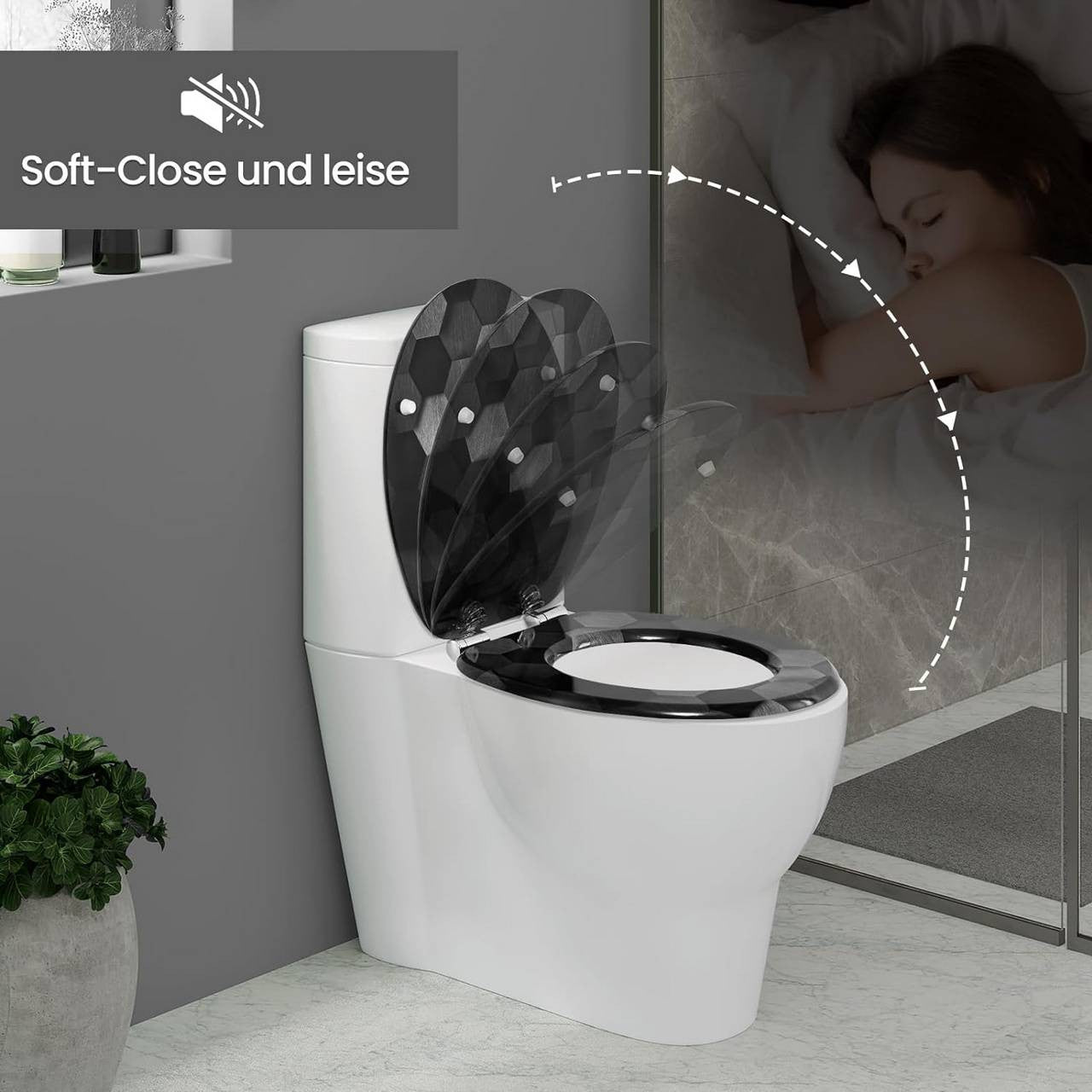 24goodz Soft Close Toilet Seat - Automatic Lowering Mechanism - Sturdy MDF - For Standard O-Shaped Toilets - Grey Honeycomb Pattern