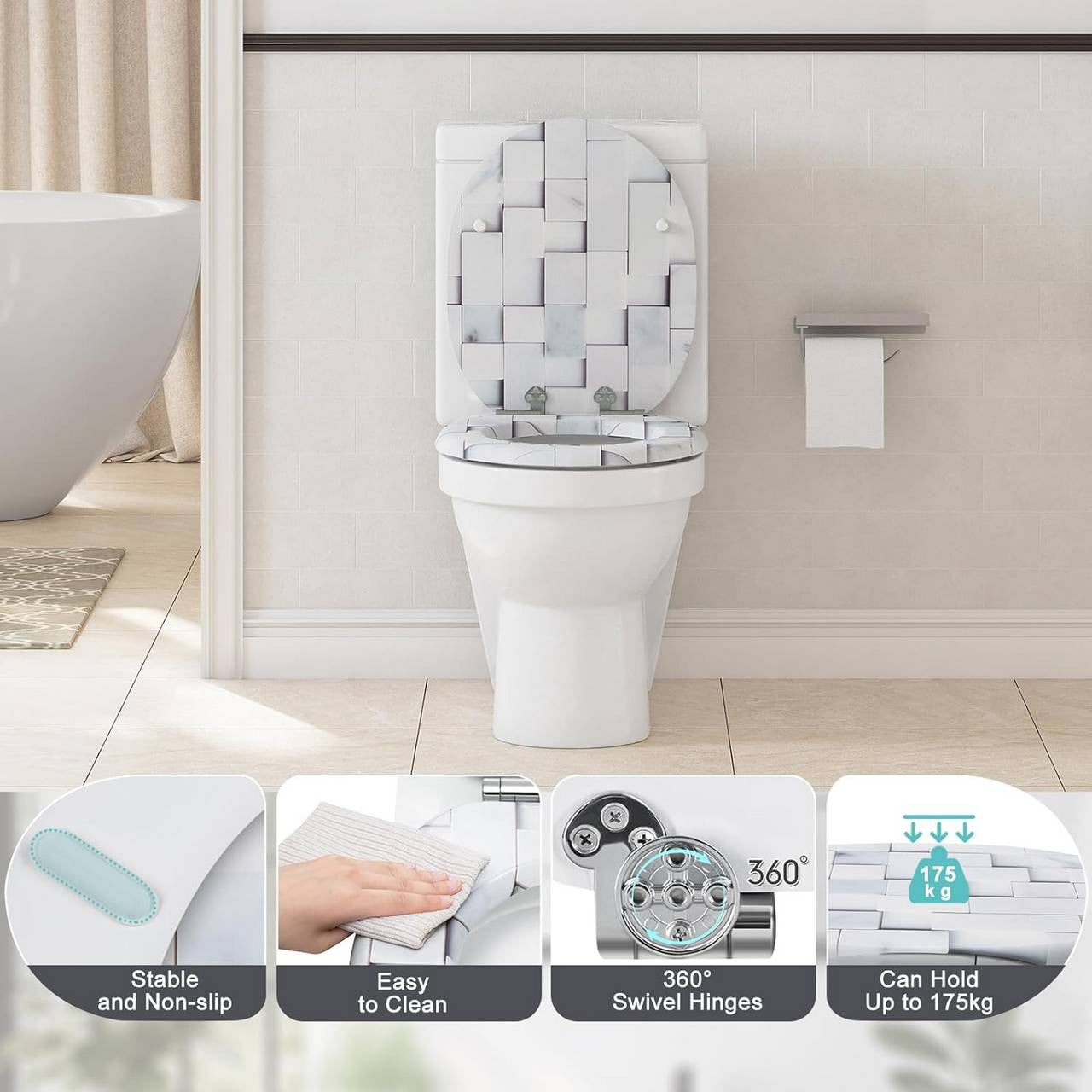 24goodz Soft Close Toilet Seat - Quiet and Gentle Closure - MDF - For Standard O-Shaped Toilets - 37.8 x 43.5 cm