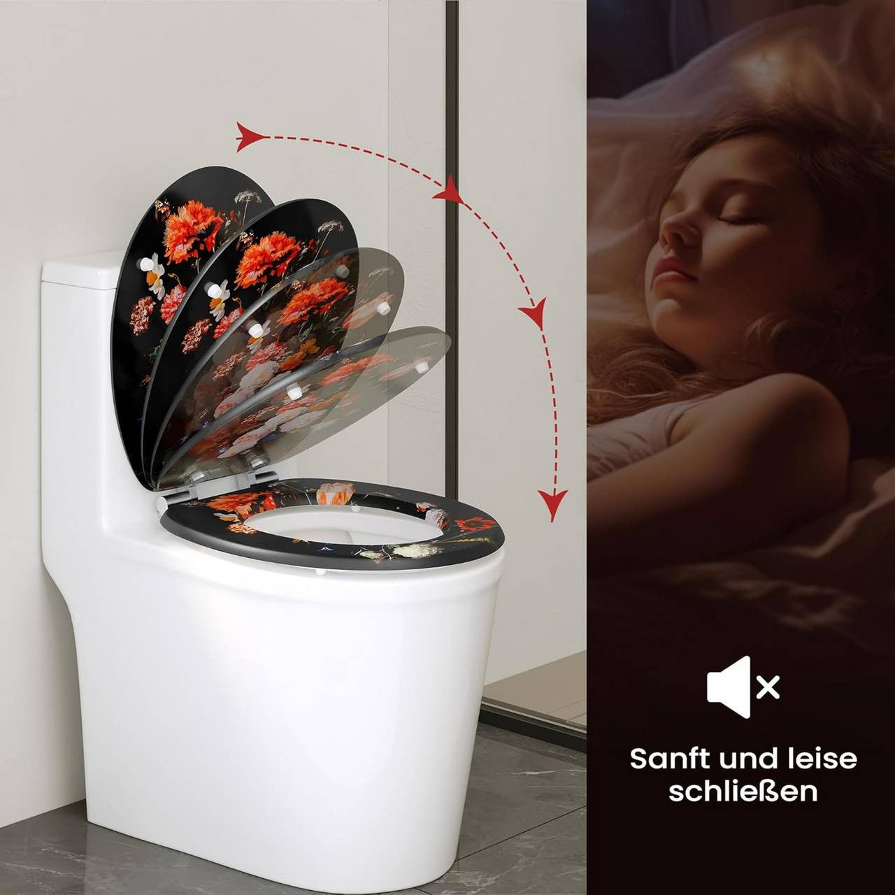 24goodz Soft-Close Toilet Seat - Automatic Lowering Mechanism - Easy to Clean - MDF - Floral Design - 46 x 37.5 cm