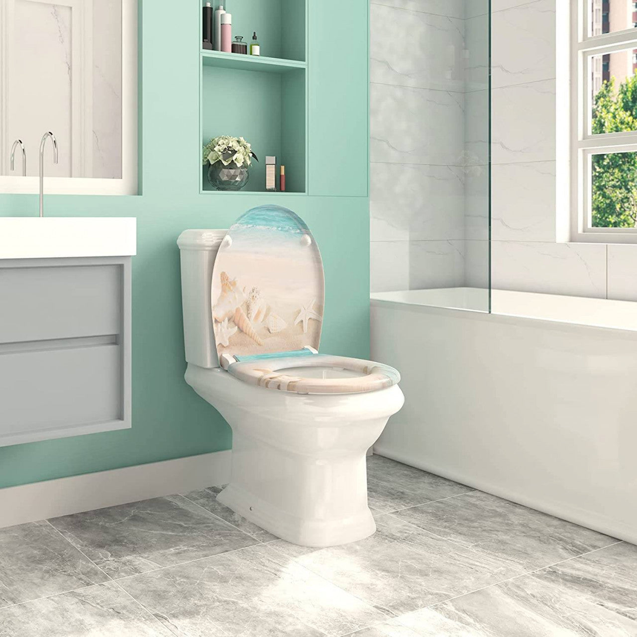 24goodz Toilet Seat with Soft-Close Mechanism - Durable and Easy to Clean - Duroplast - Suitable for Standard O-Shaped Toilets - Better Sand Beach