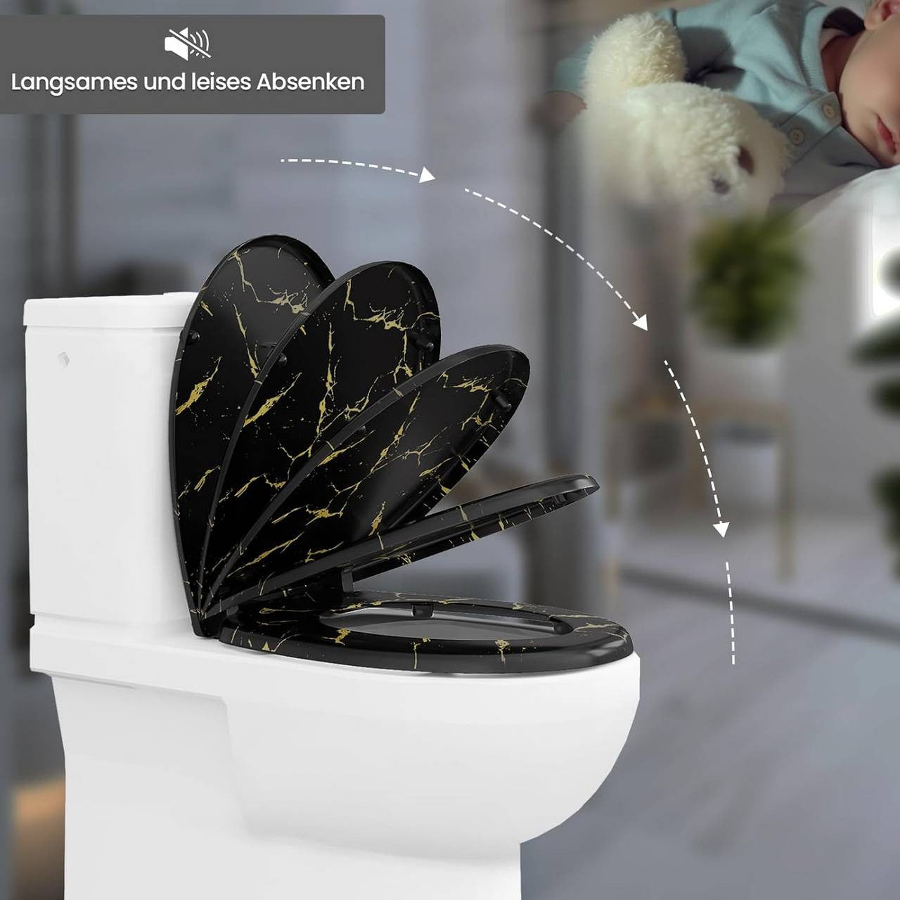 24goodz Soft-Close Toilet Seat - Elegant Design with Gold Glitter - Durable Duroplast - Universal Fit - Black