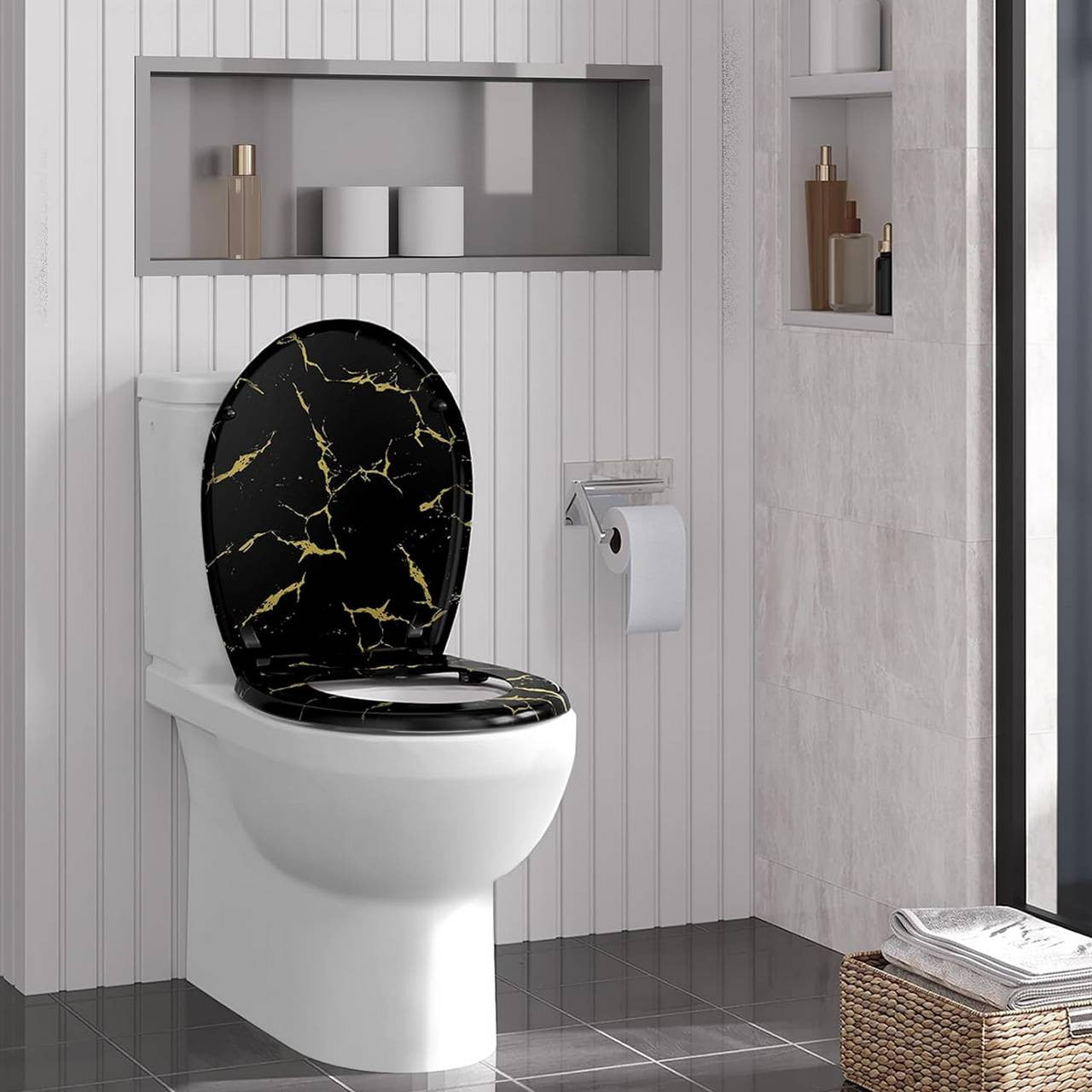 24goodz Soft-Close Toilet Seat - Elegant Design with Gold Glitter - Durable Duroplast - Universal Fit - Black