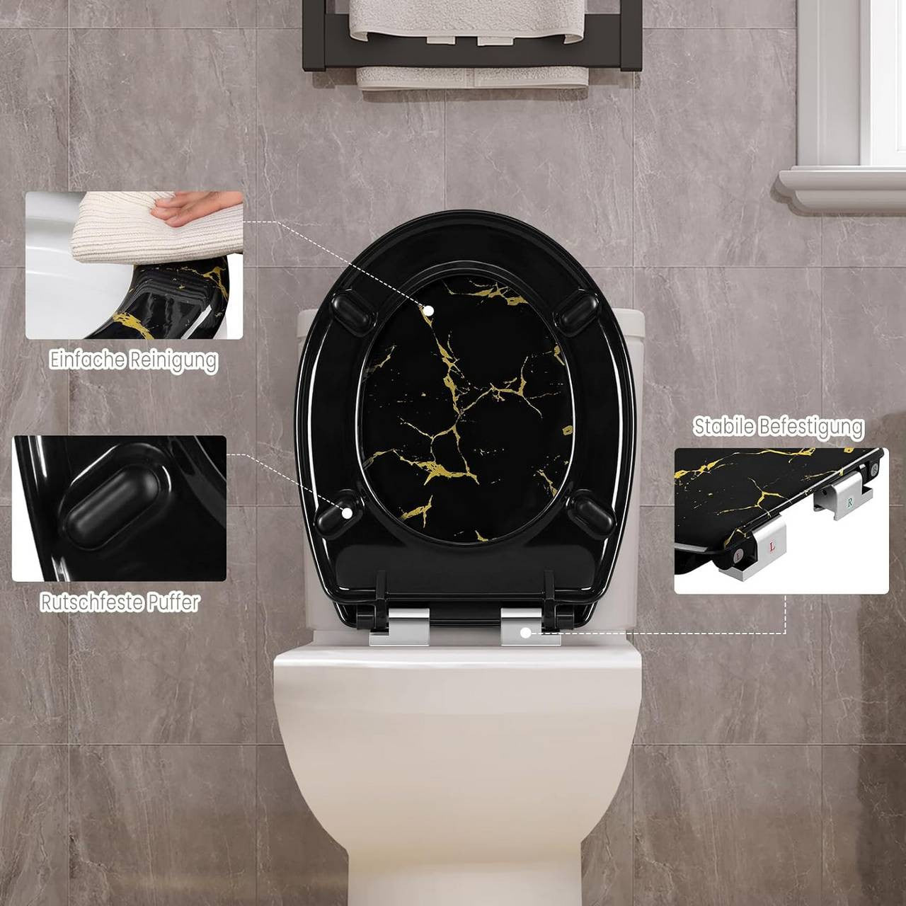 24goodz Soft-Close Toilet Seat - Elegant Design with Gold Glitter - Durable Duroplast - Universal Fit - Black