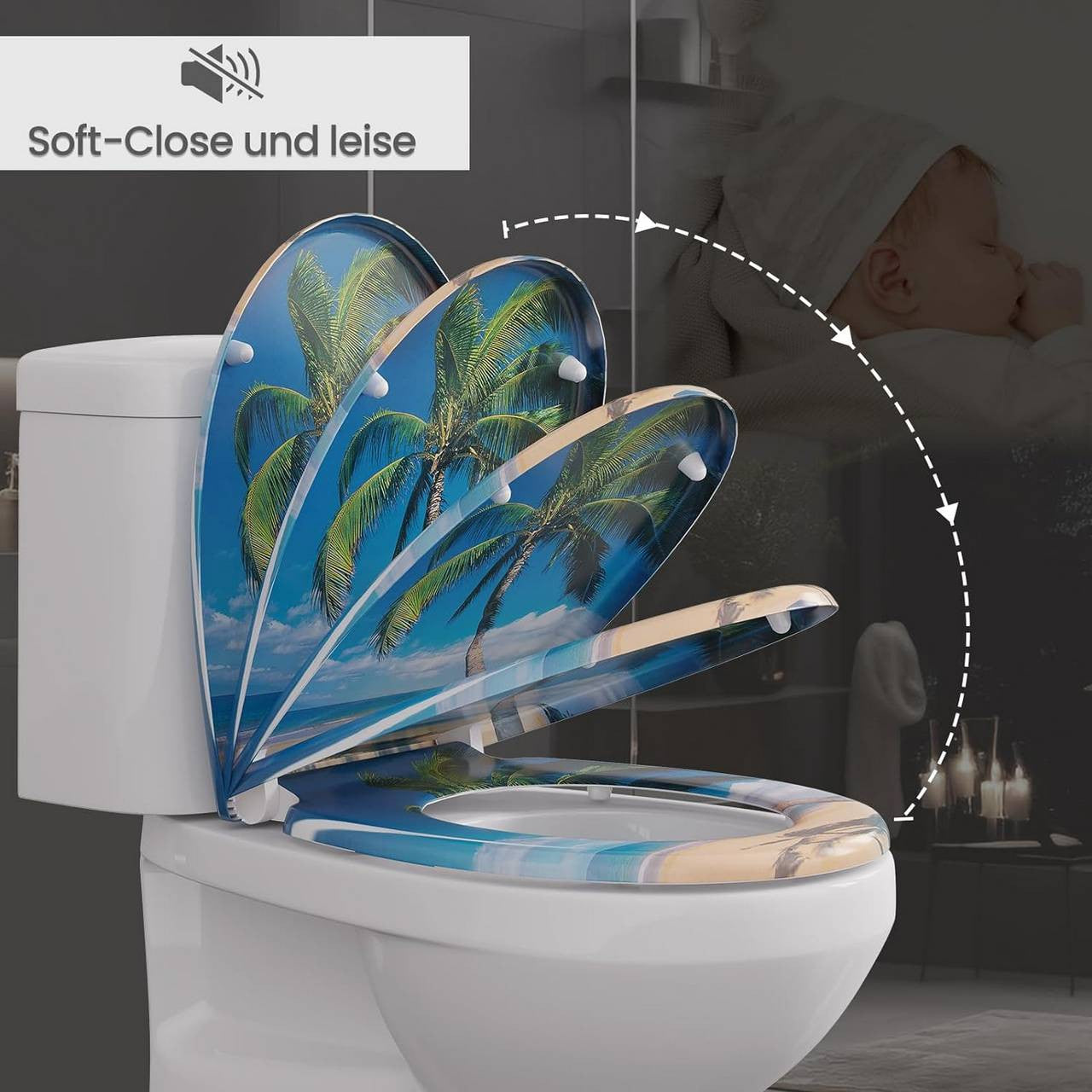 24goodz Oval Soft-Close Toilet Seat - Durable Duroplast - Easy to Clean - Duroplast - For Standard O-Shaped Toilets - Sea Pattern