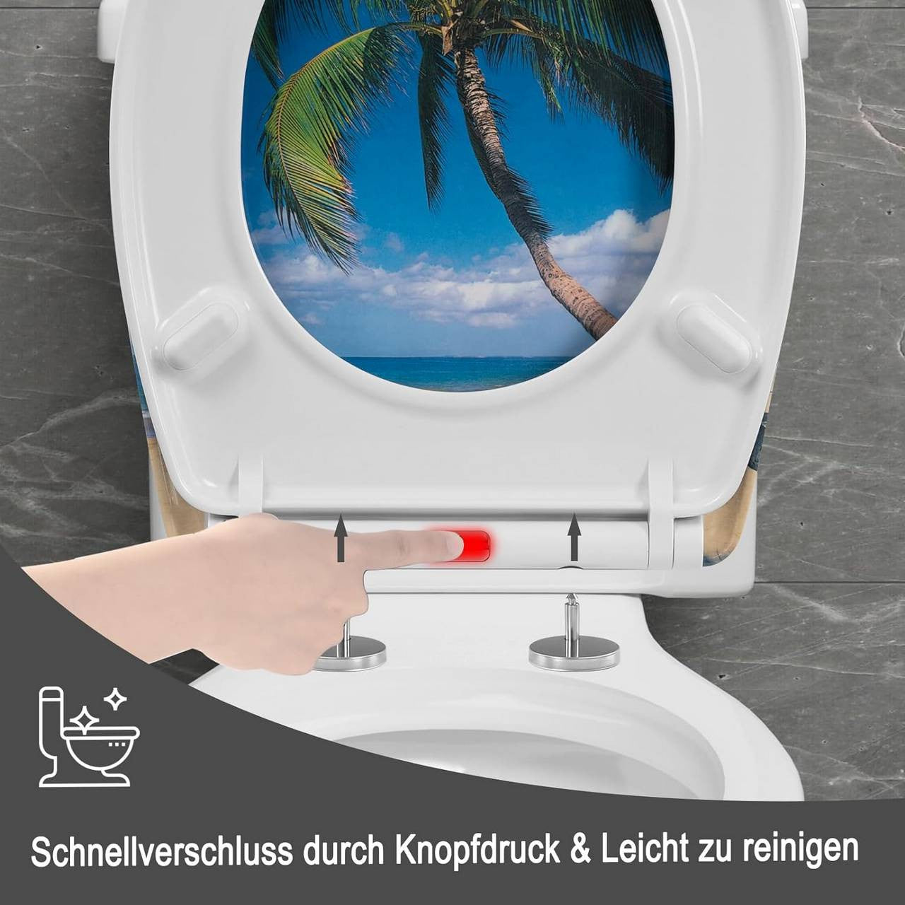 24goodz Oval Soft-Close Toilet Seat - Durable Duroplast - Easy to Clean - Duroplast - For Standard O-Shaped Toilets - Sea Pattern