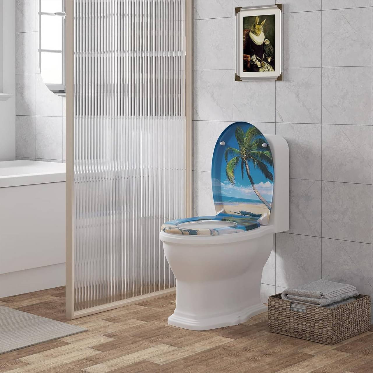 24goodz Oval Soft-Close Toilet Seat - Durable Duroplast - Easy to Clean - Duroplast - For Standard O-Shaped Toilets - Sea Pattern