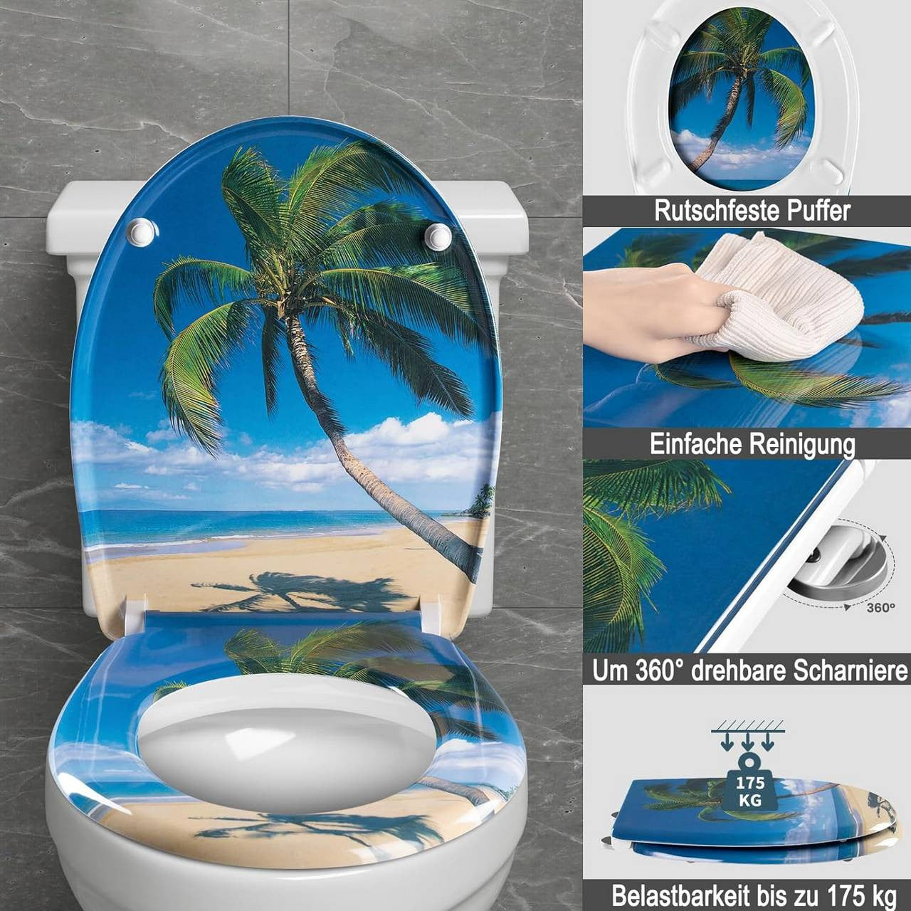 24goodz Oval Soft-Close Toilet Seat - Durable Duroplast - Easy to Clean - Duroplast - For Standard O-Shaped Toilets - Sea Pattern