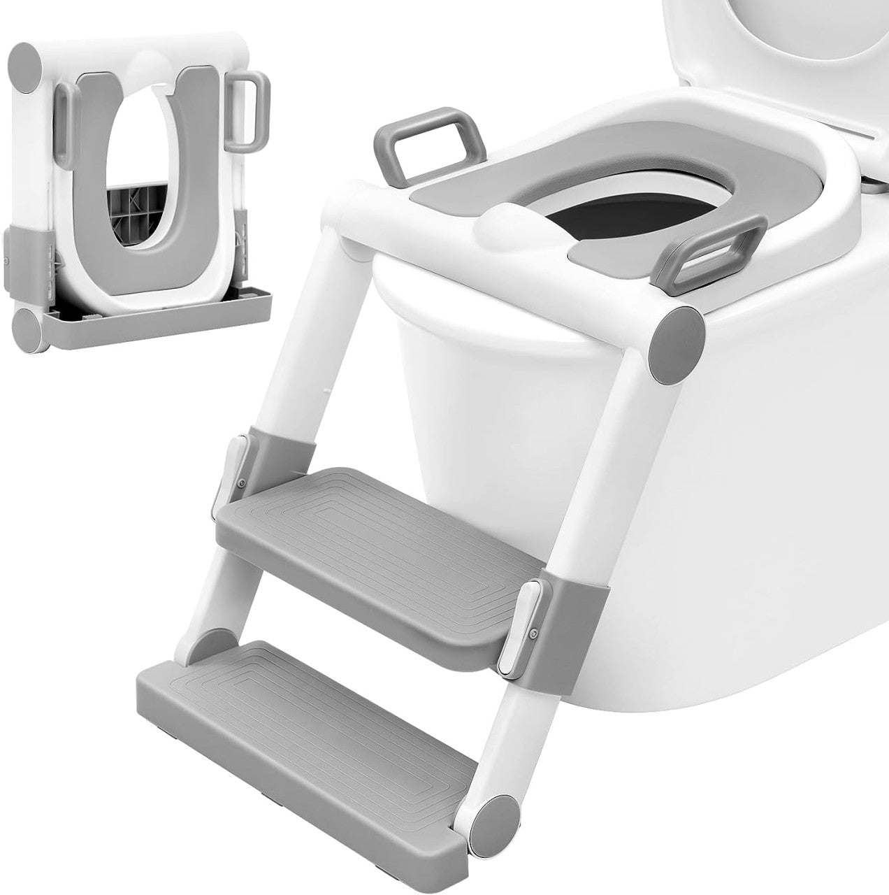 24goodz Kids Toilet Seat with Foldable Steps - Space-Saving Design - High-Quality PP - For Children - White + Grey