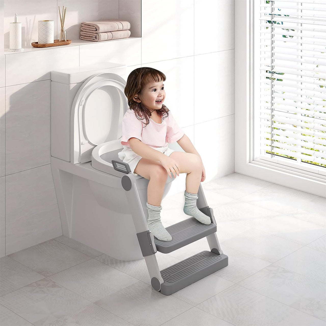 24goodz Kids Toilet Seat with Foldable Steps - Space-Saving Design - High-Quality PP - For Children - White + Grey