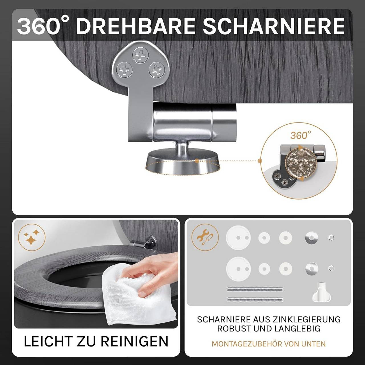24goodz Soft-Close Toilet Seat - Durable MDF Construction - Easy Installation - MDF - For Standard Toilets - Grey Wood Pattern