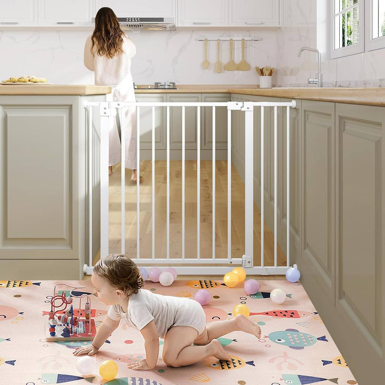 24goodz Baby Safety Gate - Adjustable Width - Self-Closing Mechanism - Metal - For Children 6-24 Months - White