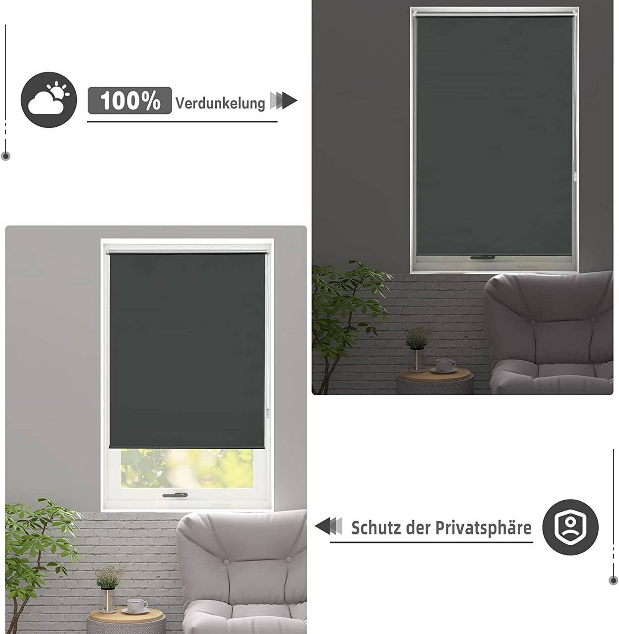24goodz Thermal Blackout Roller Blind - Easy Installation Without Drilling - 100% Polyester - For Every Room - Anthracite 100x130 cm